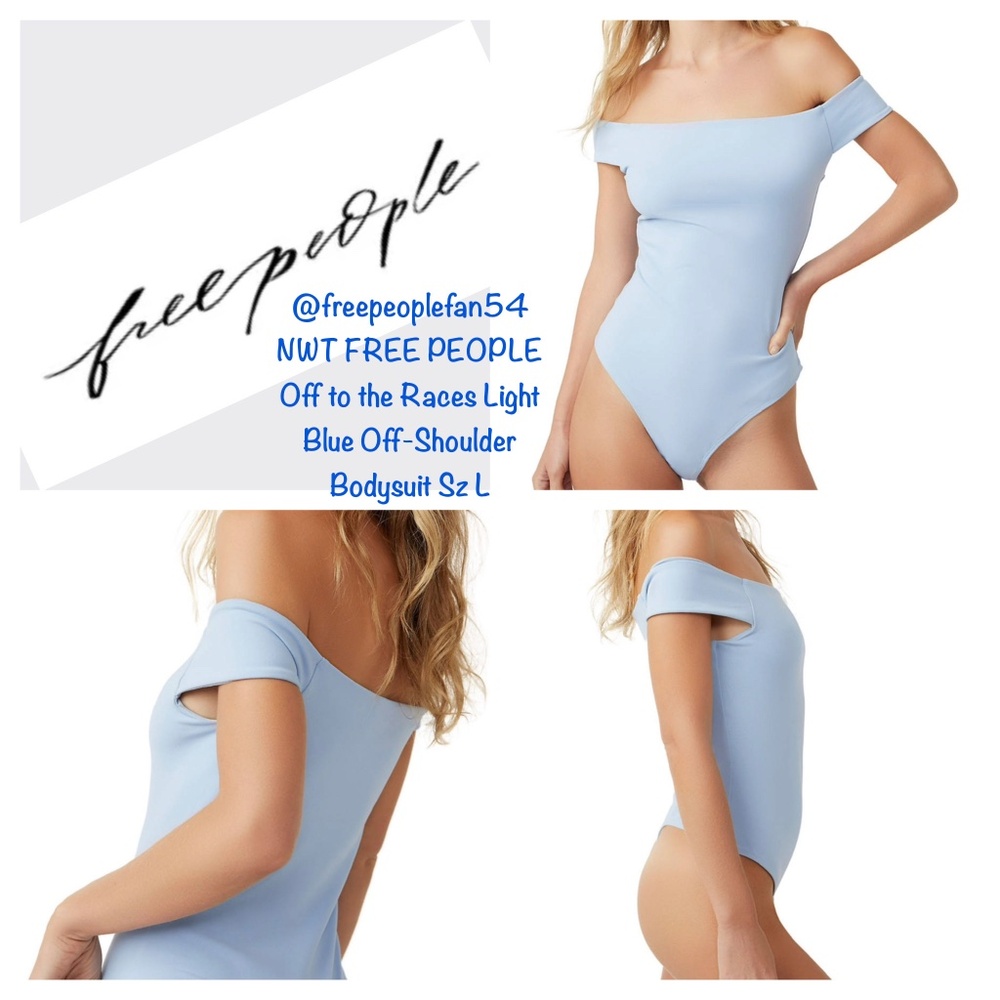NWT FREE PEOPLE Off to the Races Light Blue Off-Shoulder Bodysuit Sz L